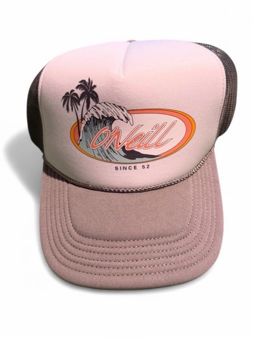 O'Neill white & gray trucker cap with palm trees and wave graphic